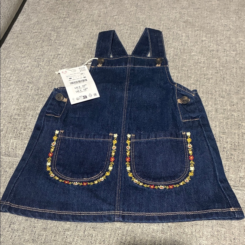 Zara Blue Kids Overall Dress with Floral Accents